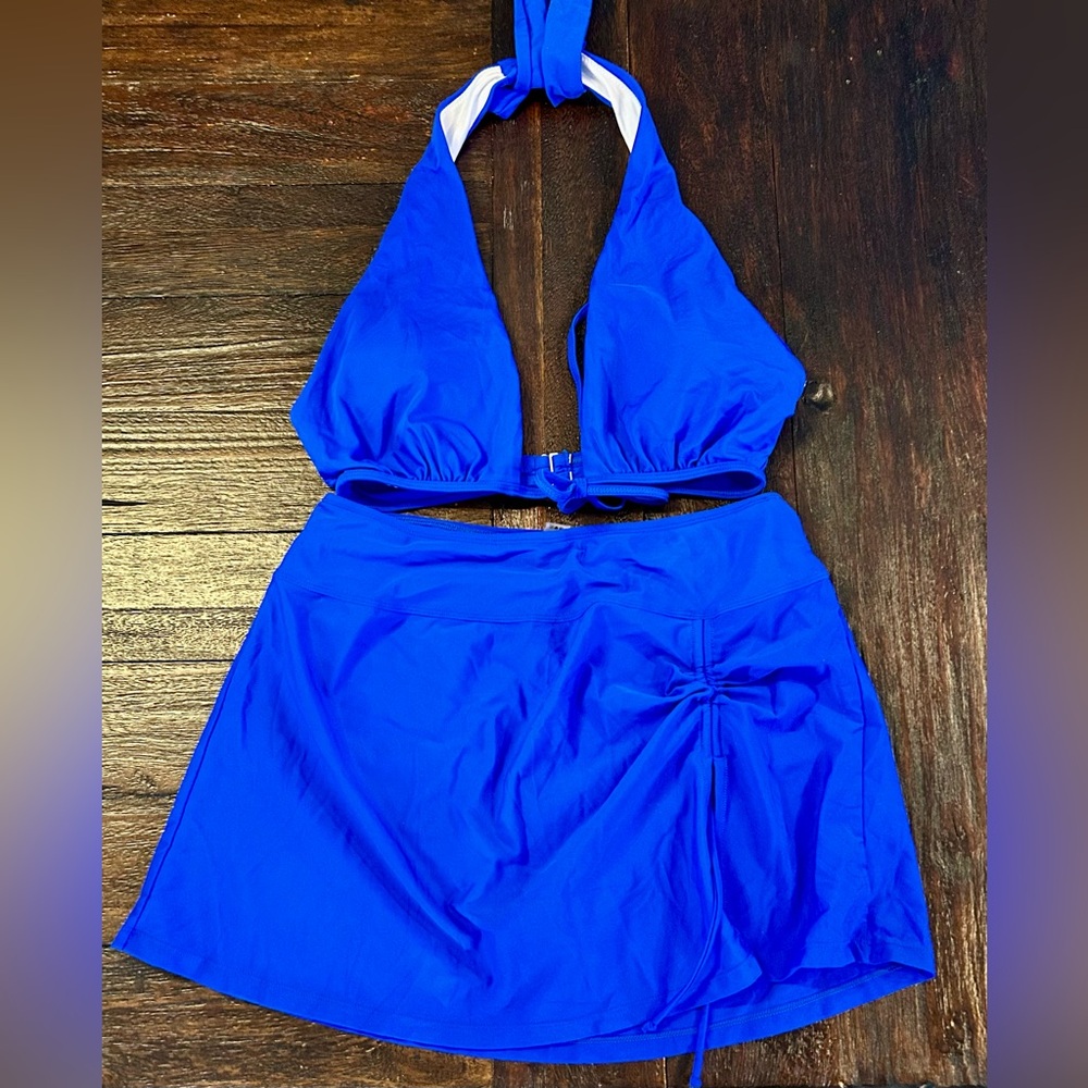 Bright Blue Halter Top and Swim Skirt Two Piece Bathing Suit